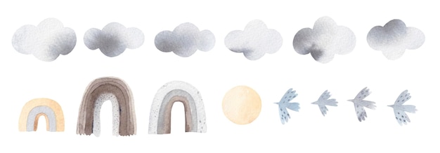 Foto set van waterverf wolken regenbogen en vogels voor ontwerp geïsoleerd op witte achtergrond kinderlijke stijl