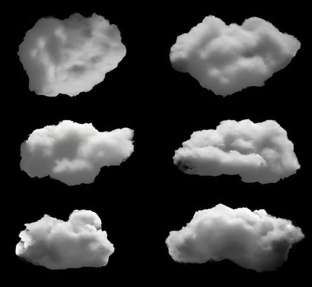 Set van wolken geïsoleerd op zwarte achtergrond Generatieve AI