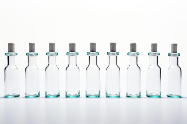 Set van zes glazen flessen met zilveren doppen op een witte of heldere oppervlakte PNG doorzichtige achtergrond