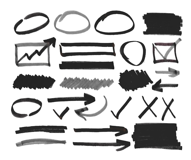set van zwarte abstracte met de hand geschilderde marker beeld