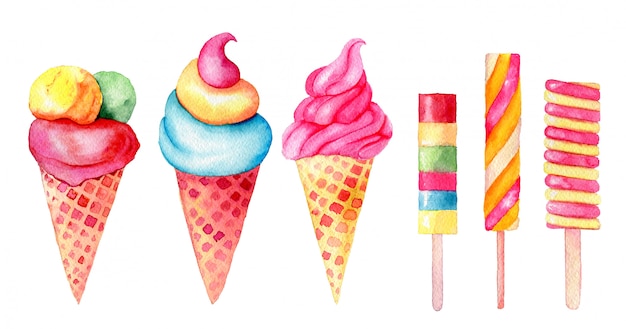 Set of vanilla, mint; strawberry, pistacio ice cream in a waffle cones and sticks vintage watercolor illustration isolated