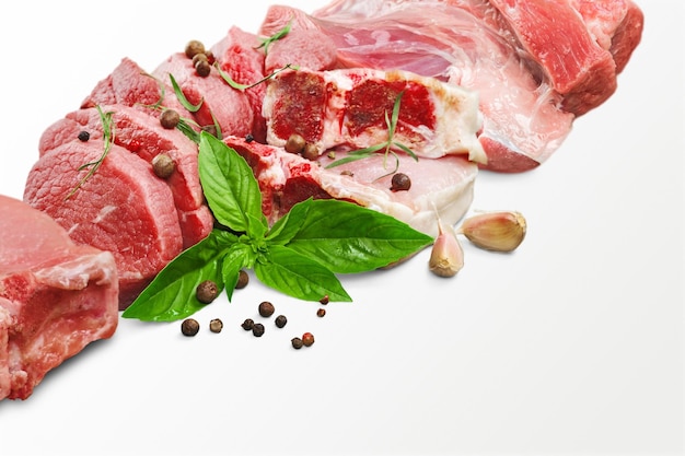 Set of various classic, alternative raw meat, veal beef steaks\
with spices