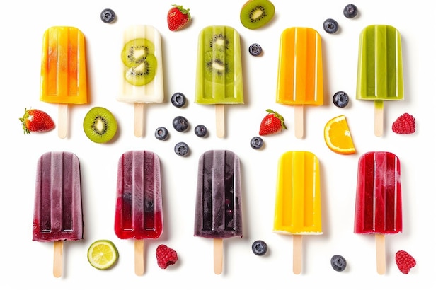 Set of various colorful fruit and berry popsicles on white background