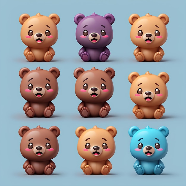 Photo set of various cute cartoon bear emoji emotion 3d flat isolated sign symbol