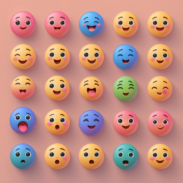 Set of various cute cartoon yellow face emoji emotion 3d flat isolated sign symbol