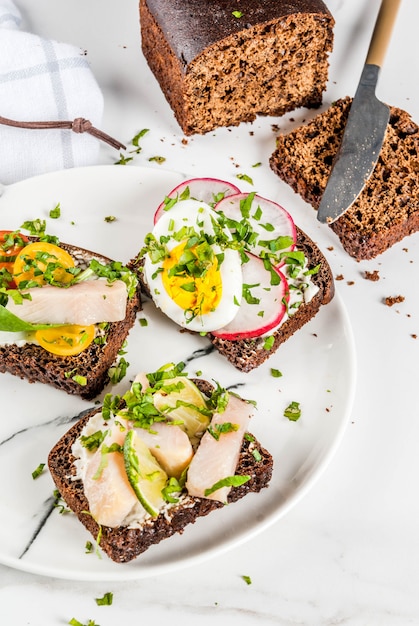 Set of various danish open sandwiches Smorrebrod