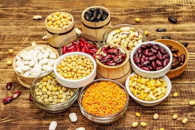 Set of various dry legumes in bowls