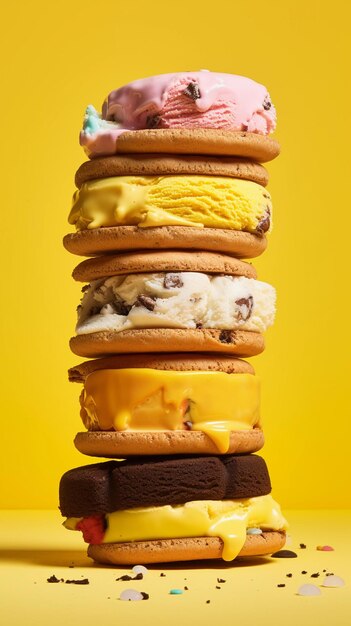 Set of various flavour of ice cream sandwiches on bright background