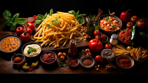 Photo set of various food on a dark background top view