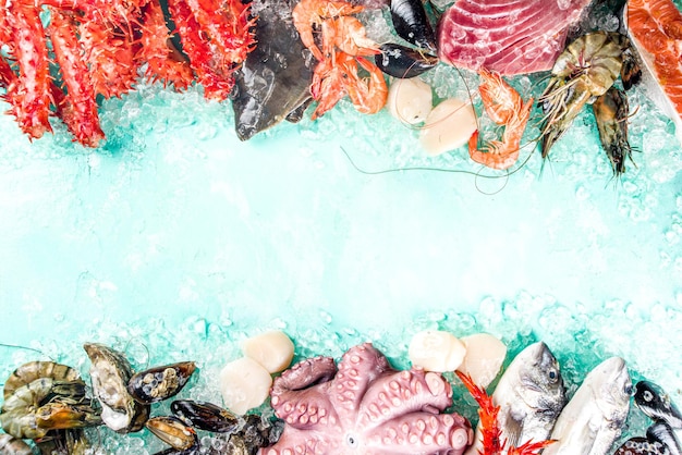 Foto set di vari frutti di mare crudi freschi