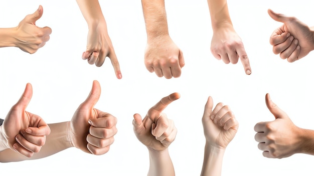 Set of various hand gestures isolated on white background Thumbs up pointing and other gestures