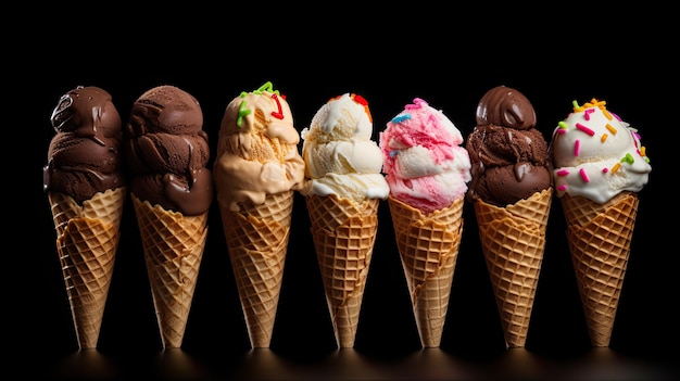 Set of various ice cream scoops in waffle cones isolated on black background