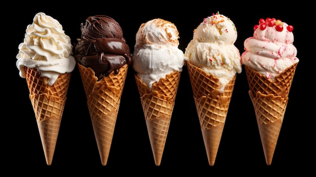 Set of various ice cream scoops in waffle cones isolated on black background