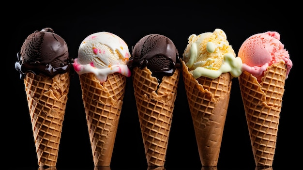 Set of various ice cream scoops in waffle cones isolated on black background