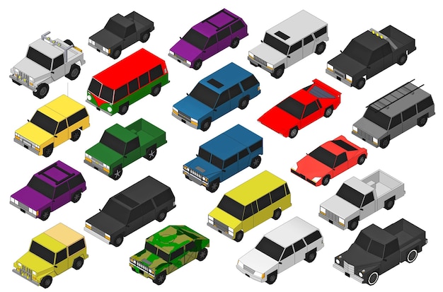 set of various isolated 3d cars cartoon