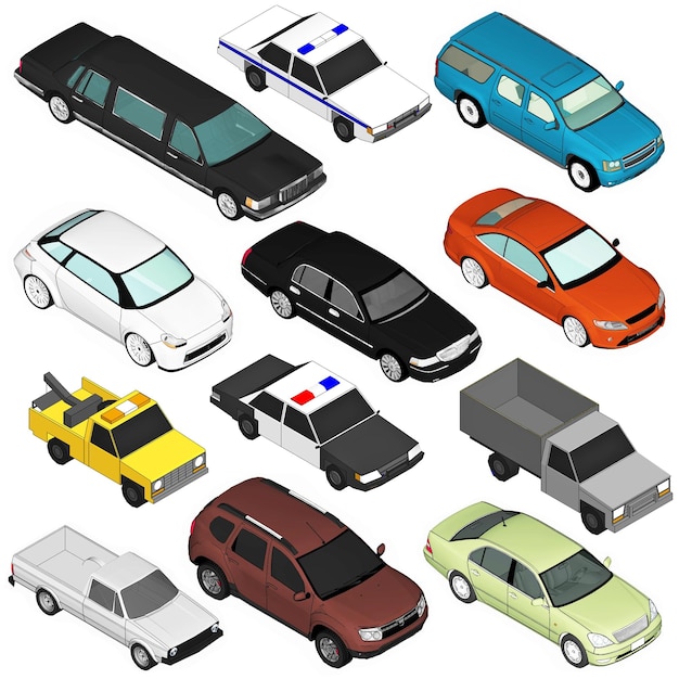 set of various isolated 3d cars cartoon