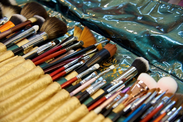 A set of various make-up brushes close-up.