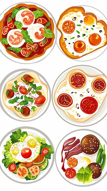 Photo set of various plates of food isolated