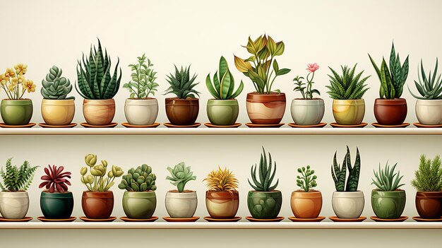 Photo set of various potted plants on shelf