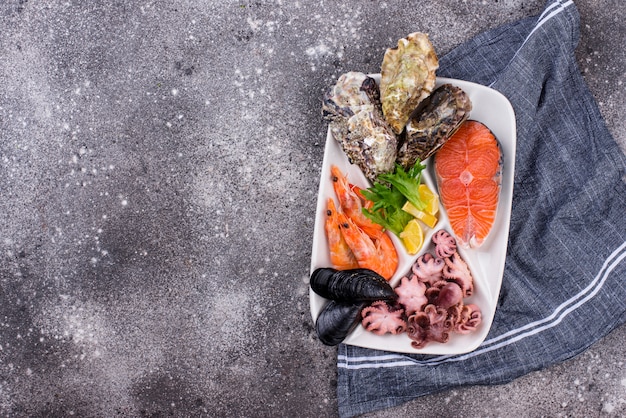 Set of various seafood in plate