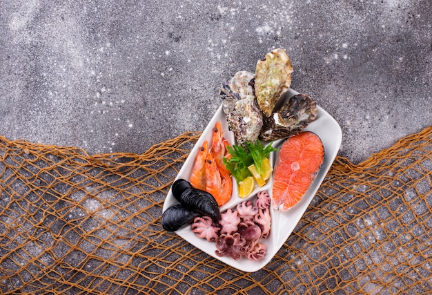 Set of various seafood in plate