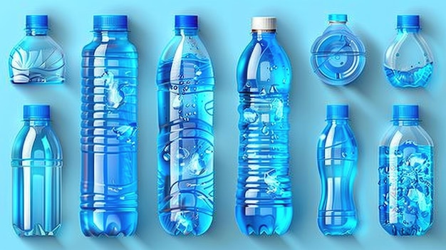Photo set of various sizes and shapes of plastic bottle mockups plastic material