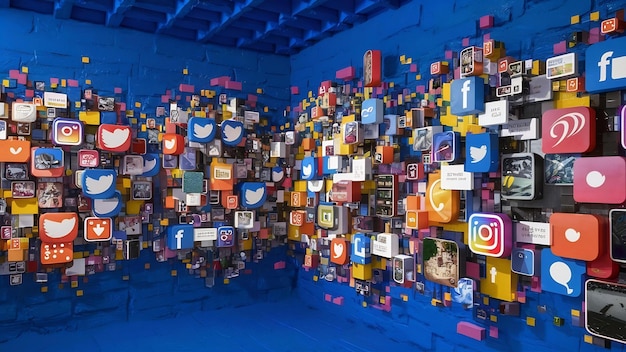 Set of various social media blocks on blue painted wall