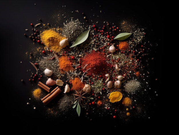 Set of various spices on black rustic background Healthy food concept Top view with copy space