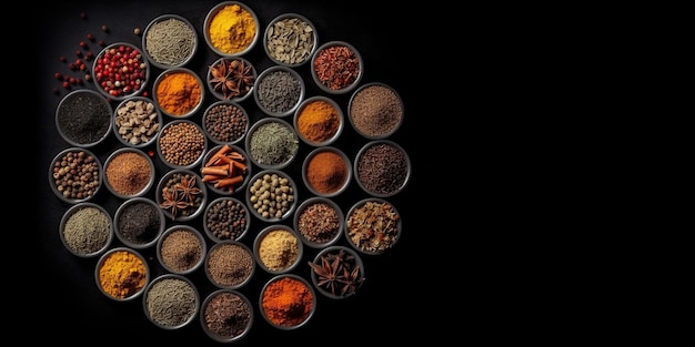 Set of various spices on black rustic background Healthy food concept Top view with copy space