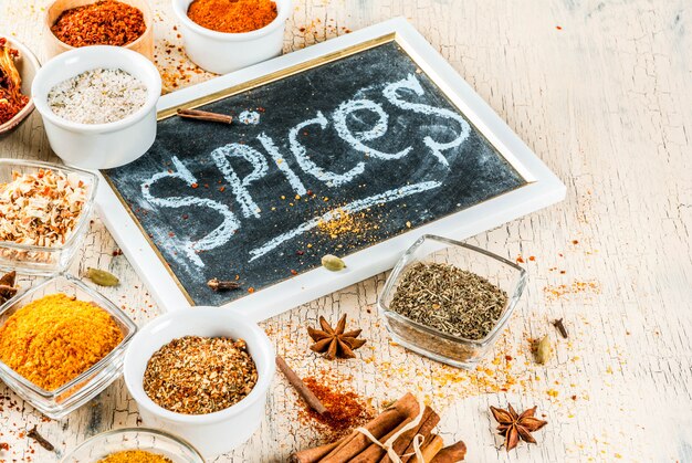 Set of various spices in small bowls