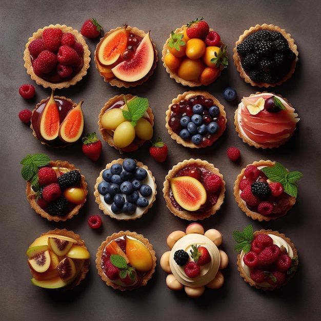 A set of various tartlets with cream cheese berries and exotic fruits Generative AI