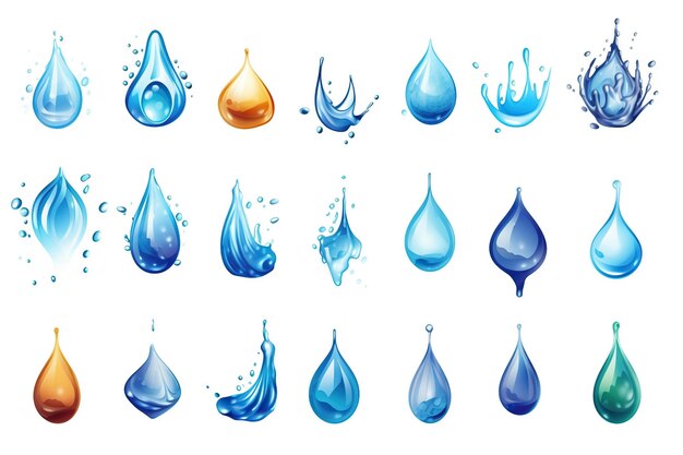 Set of various water drops and splashes on white background Generative AI