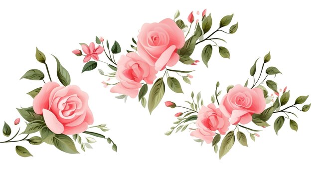 Photo set of vector bouquets of pink rose flowers on white background all elements are isolated