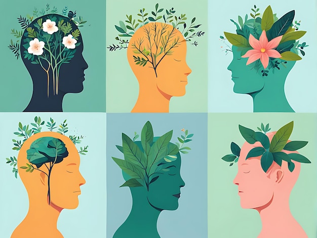 Photo set vector illustration of head with plant blooming inside world mental health day
