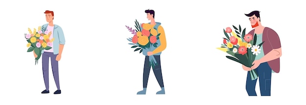 Set vector illustration of man holding a bouquet for his wife for for the birth of an heir