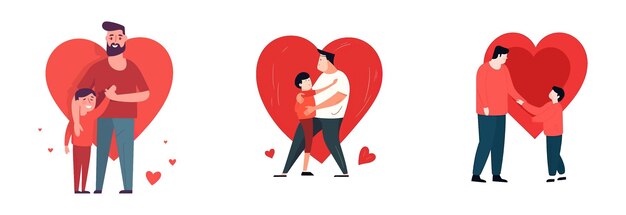 Photo set vector illustration of man hugs his kid and feel love and proud isolate on white background