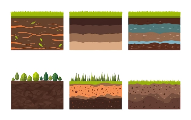 Фото Установите векторную иллюстрацию слоев почвы, зеленую траву, землю изолируют на белом