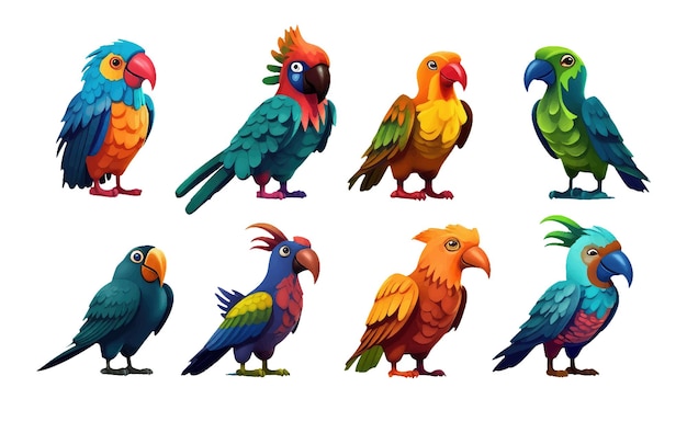 Установите векторную иллюстрацию тропической птицы с яркими цветными перьями на белом фоне