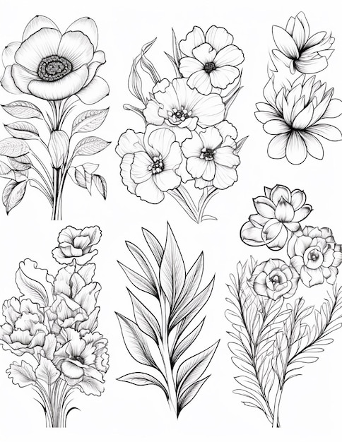 Photo set of vector illustrations of flowers in line art style coloring book page for adults
