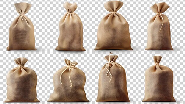 Set of vector realistic full and empty burlap sacks with rope Isolated on transparent background