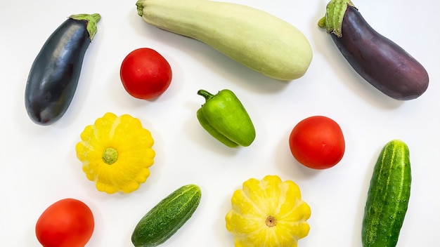 Set of vegetables isolated on a white background, eggplant, zucchini, tomatoes, peppers, cucumbers. Healthy food concept.