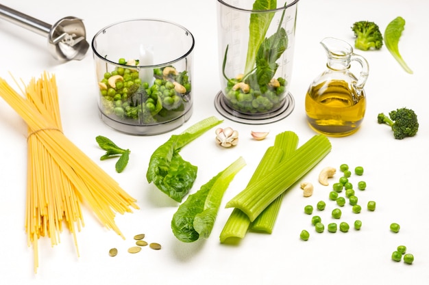 Set of vegetables and pasta  Blender bowl with vegetables