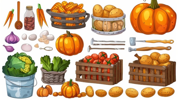 Photo set of vegetables on a white background modern illustrations of pumpkin a bucket of potatoes a wooden crate containing tomatoes eggs a glass jar of jam farming instruments a haystack and other