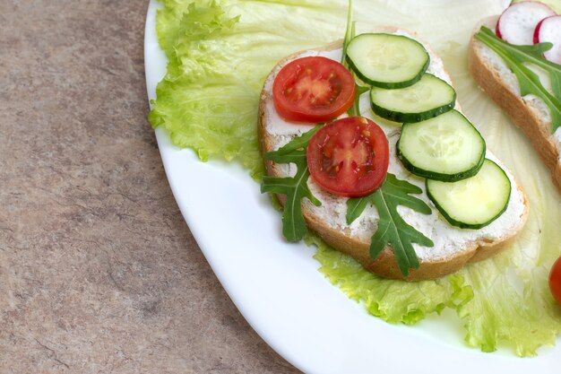 プレート上の野菜とベジタリアンサンドイッチのセットです。テーブルの上の白い皿にカッテージチーズ、きゅうり、チェリートマトと大根のサンドイッチ。