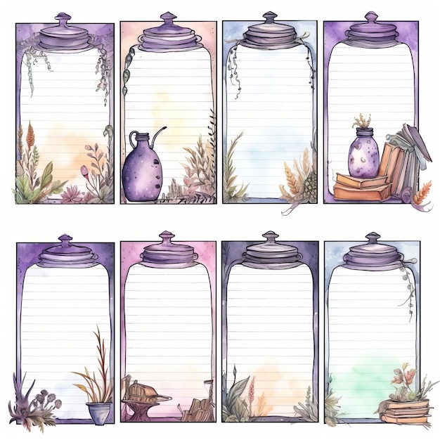 Set of vertical cards with herbs and spices Watercolor illustration