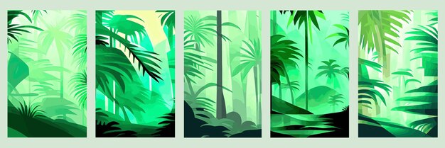 Set vertical five racks exotic background with tropical forest plants Tropical forest with leaves grass and vines Jungle background vector illustrations Frame for banner poster page cover