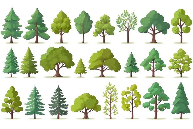 Set verzameling bladwisselende en immergroene bosbomen planten in vlakke vectorontwerp geïsoleerd op witte achtergrond