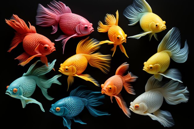 Set of vibrant and colorful tropical fish swimming gracefully in a dark mysterious oceanic abyss