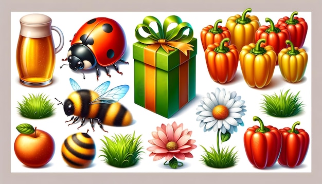 Photo a set of vibrant icons a ladybug gift bee peppers magnolia grass daisies and sunflower