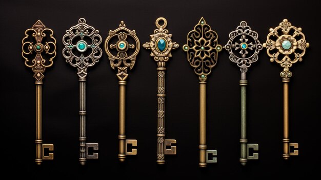 Photo set of vintage decorative golden keys isolated on a black background